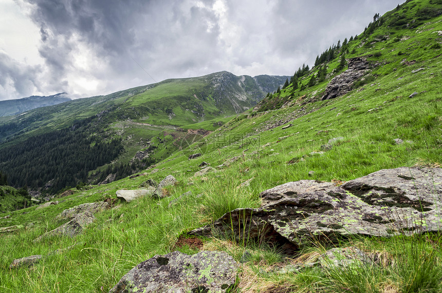 喀尔巴阡山脉美丽的山地景观蓝色旅行顶峰全景高山草地天空风险荒野森林图片