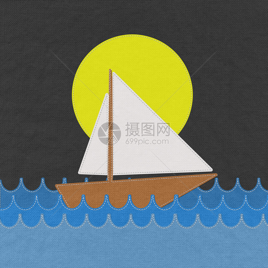在海上的船 在布料背景上缝合风格手工假期帆船赛旅行蓝色天空运动织物导航热带图片