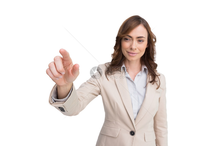 触摸无形屏幕的女商务人士商务职业商业夹克女士微笑手势手指衬衫棕色图片