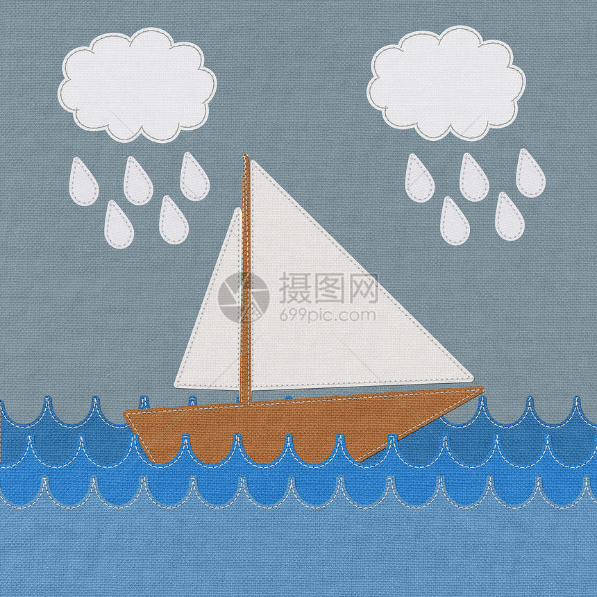 在海上的船 在布料背景上缝合风格缝纫尼龙旅行泡沫假期海浪导航蓝色巡航日出图片