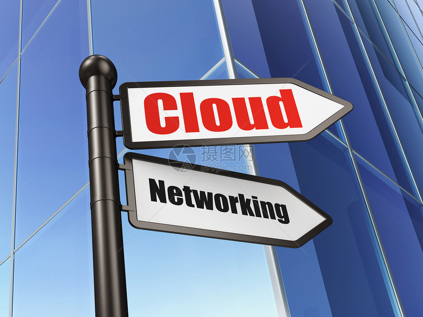 云层网络化概念 在建筑背景上签署云层网络图片