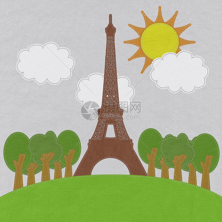 Eiffel塔台 巴黎 法国布料背景缝合风格假期衣服纺织品地标蓝色棉布纪念碑帆布标签纤维图片