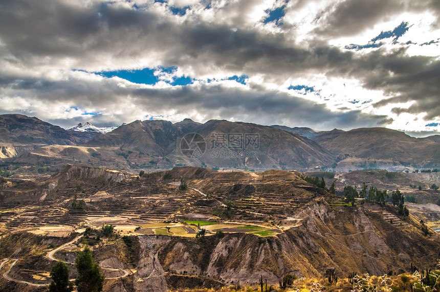 Colca 峡谷视图概览梯田旅游奇威丘陵风景环境高地农业全景岩石图片