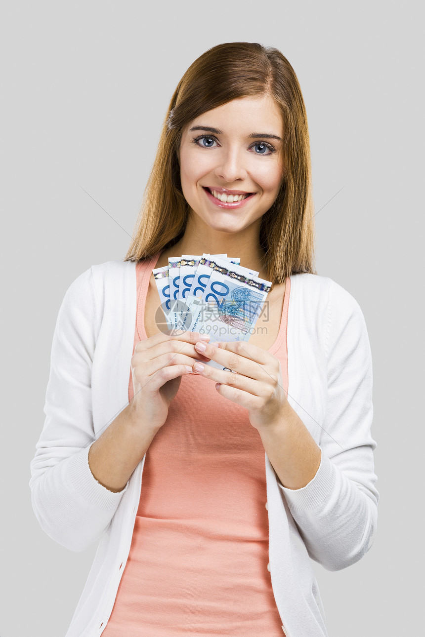有钱的漂亮女人货币微笑成功女郎女士金融储蓄金发灰色现金图片
