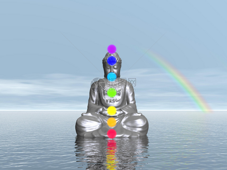 日落时CHakras  3D make海洋宗教瑜伽地平线紫色插图蓝色冥想咒语彩虹图片