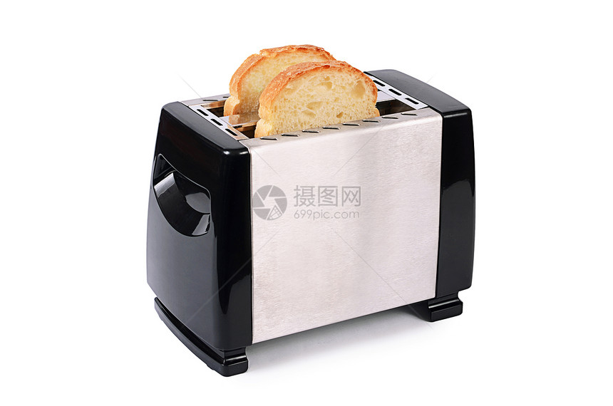 白色背景上孤立的银烤面包机按钮器具面包早餐烹饪技术油炸合金家庭机器图片