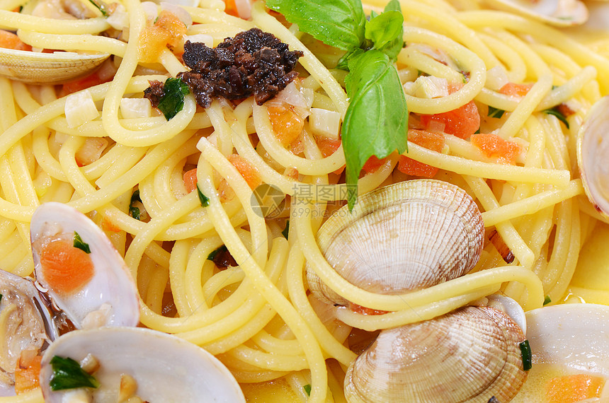 碗里有意大利面条和贝贝贝壳蛤蜊草本植物利面午餐桌子盘子饮食贝类海鲜美食图片