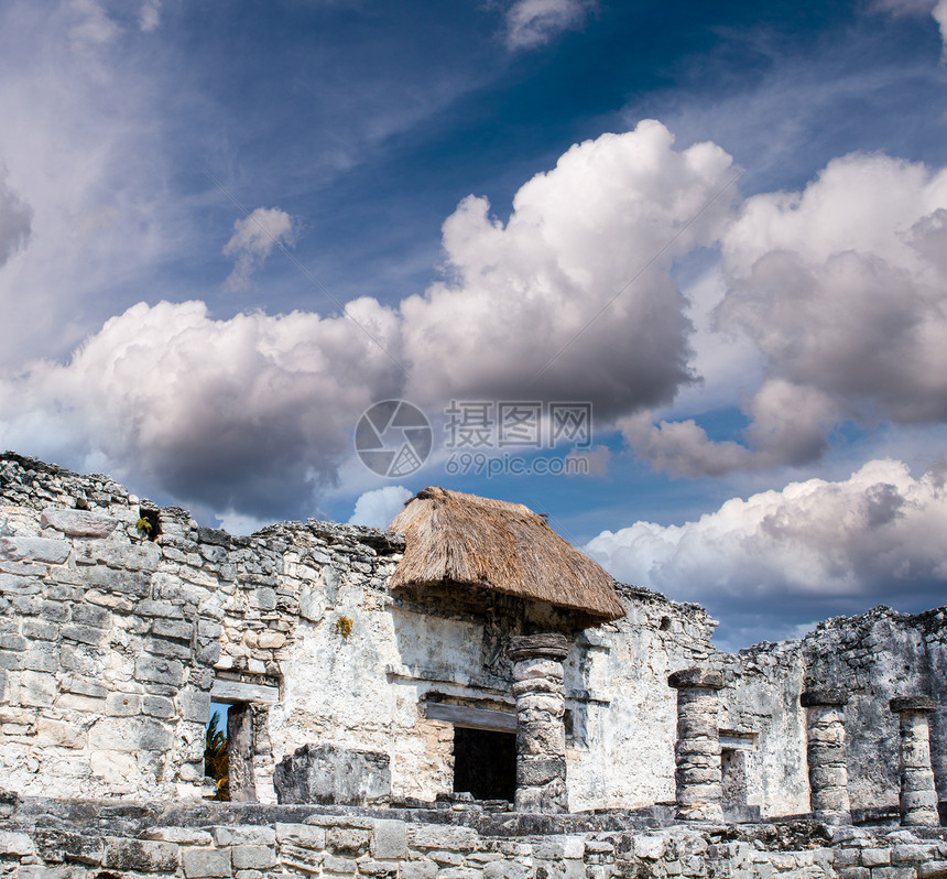 墨西哥图鲁姆的马雅人Ruins天空热带废墟历史白色海滩假期建筑学寺庙文化图片
