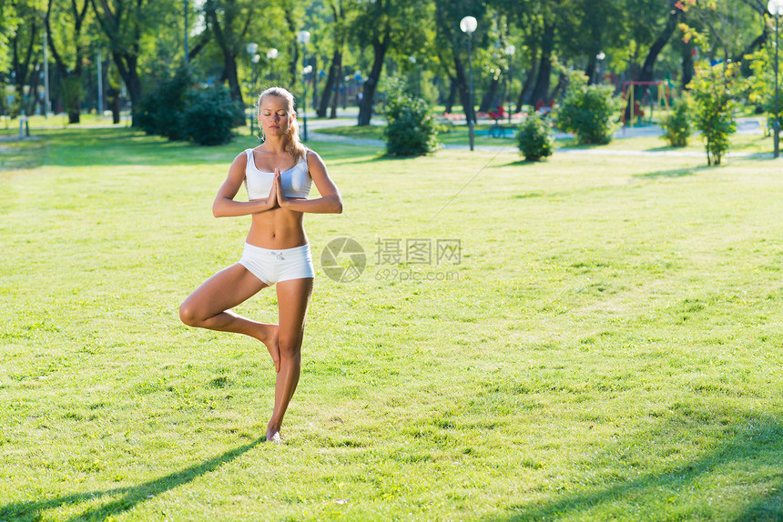 在公园里做瑜伽的女人树木活力微笑身体运动冥想成人女性饮食女士图片