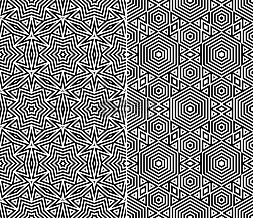 一套两套无缝模式三角形条纹插图圆形光栅化装饰品设计灰阶黑与白六角形图片