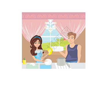 劳动节洗盘子在厨房洗盘子的夫妻设计图片