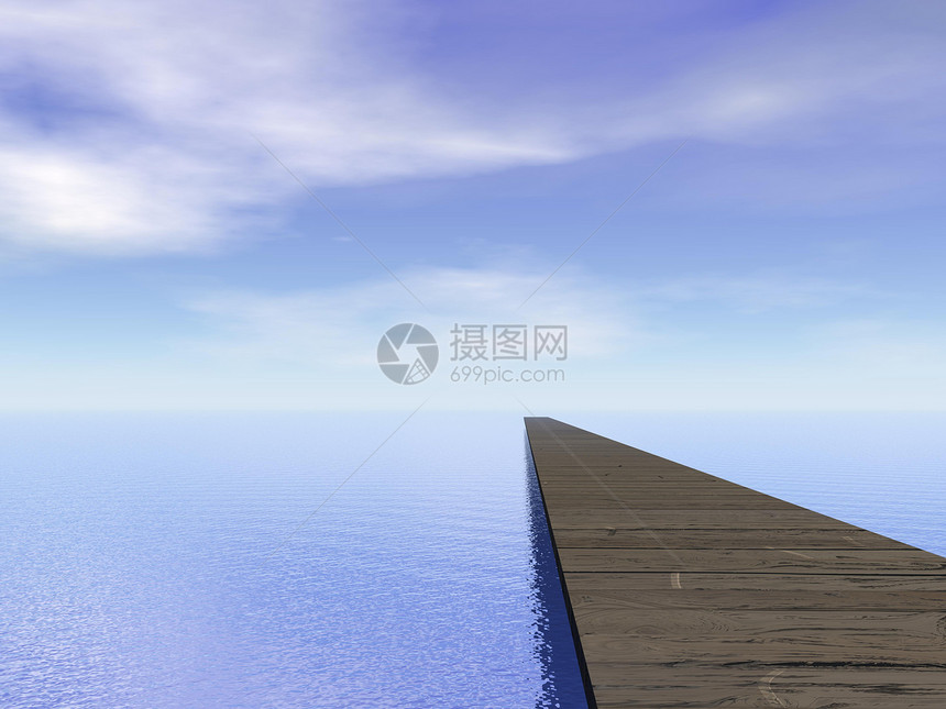 3D 制成天桥木头海洋日光海岸蓝色日落旅游插图行人图片