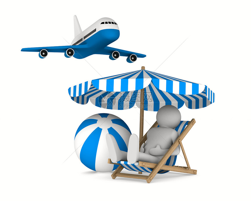 白色背景的甲板椅和球上的男人 孤立的 3D 图像喷射扶手椅沙发海滩玩具休息娱乐航空公司旅游飞机图片