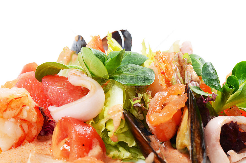 海鲜和鲑鱼的沙拉小吃熟食蔬菜草本植物餐厅美食盘子食物宏观营养图片