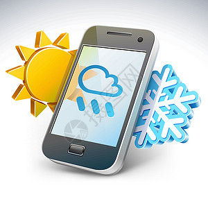智能手机气象  插图按钮屏幕阴影黄色电话天气等距太阳雪花黑色背景图片