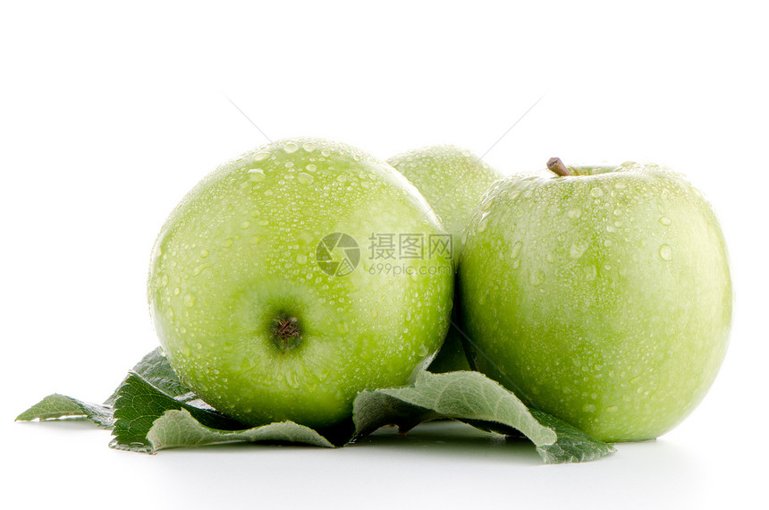 三个新鲜绿苹果收成农业剪裁食欲饮食卫生晴天果汁小路保健图片