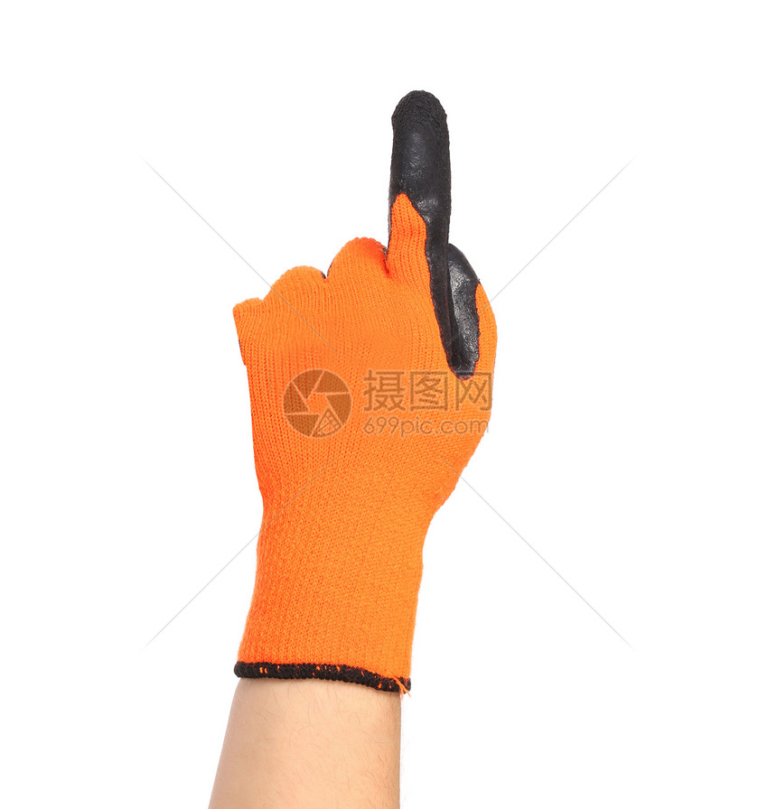 手戴橡胶手套显示一个材料力量衣服工作橡皮皮革男性工人家务拳头图片