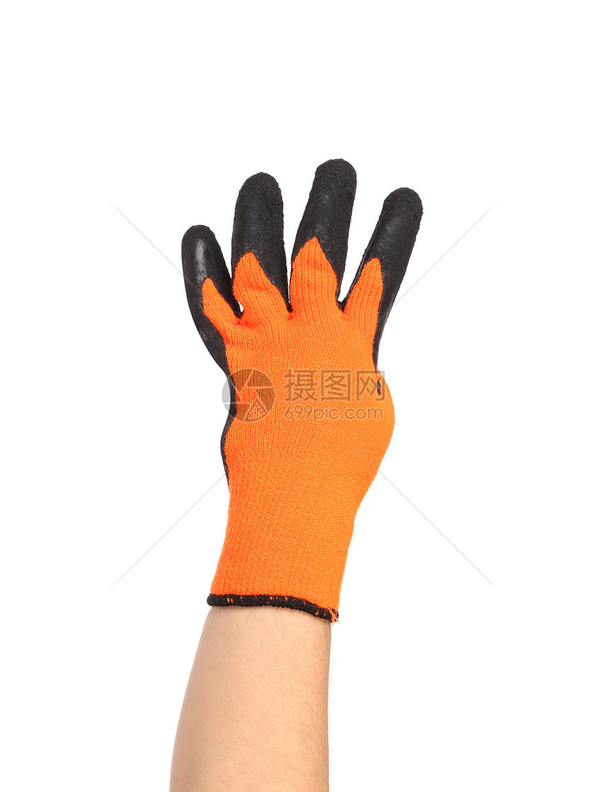 手戴橡胶手套显示4个皮革织物家务工人男性家庭工作手指力量展示图片
