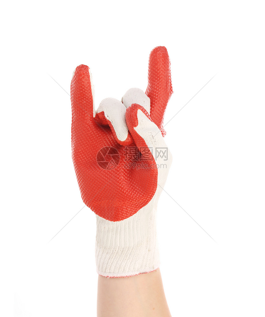 橡胶手套的手显示岩石标志图片