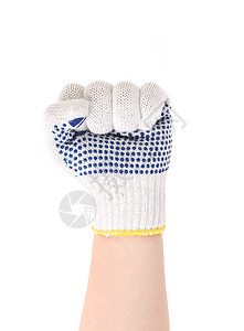 工人手手套紧握拳头白色斗争皮革手指男性工作黄色力量灰色工业背景图片