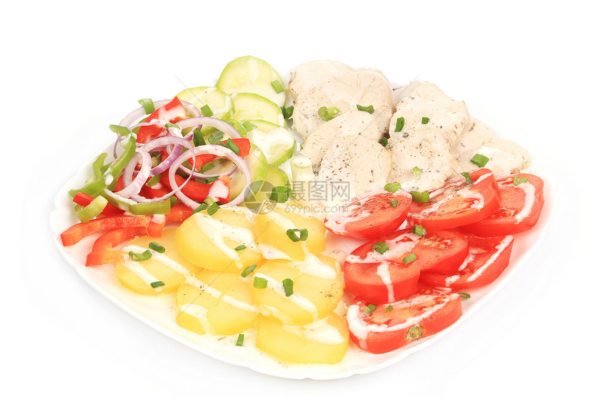 鸡肉沙拉加土豆沙拉白色胸部红色午餐洋葱敷料健康盘子胡椒图片