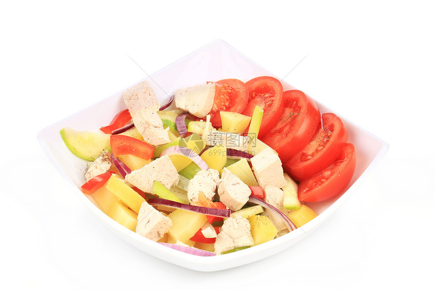 鸡肉沙拉加土豆胸部沙拉绿色午餐休息盘子健康红色洋葱食物图片