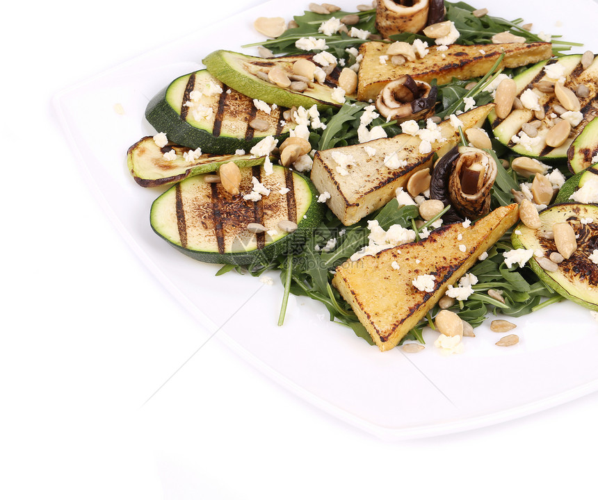 沙拉加烤菜和豆腐美食蔬菜草药花生素食柠檬健康饮食盘子向日葵种子图片
