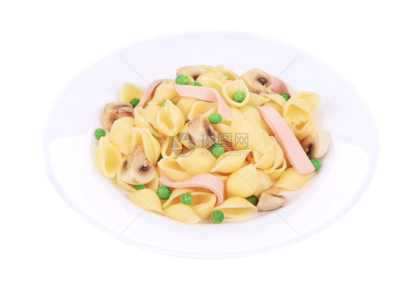 加火腿和蘑菇的意大利面面条白色食物绿色营养盘子玉米美食宏观黄色图片