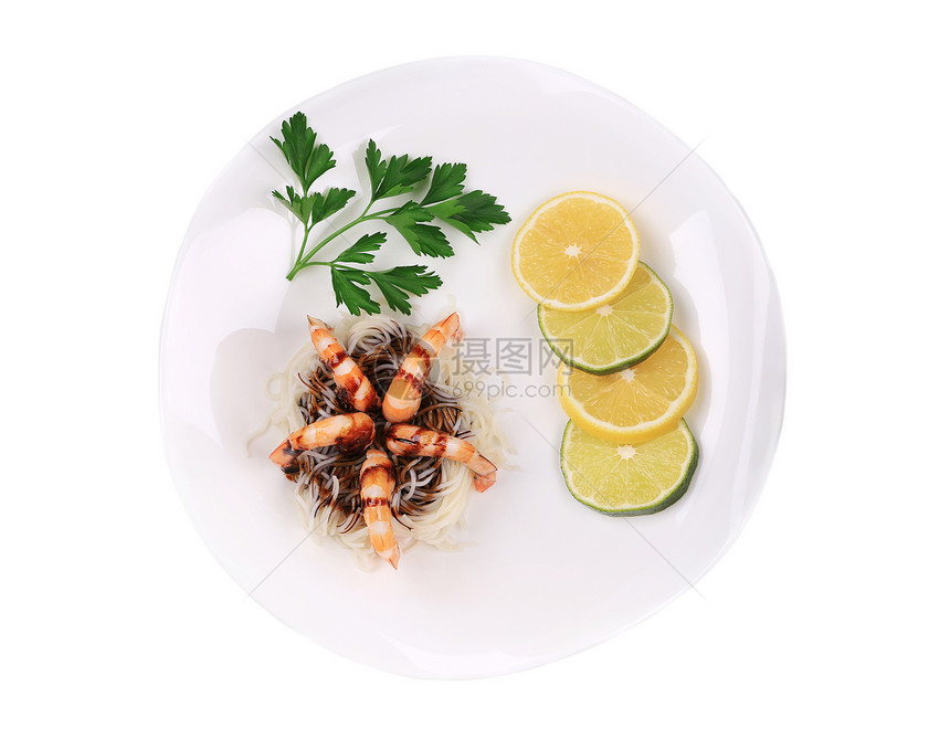 新鲜的无壳煮虾加意大利面条盘子美食香菜国王海鲜贝类熟食精制老虎小吃图片