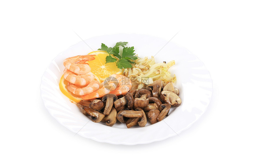 虾沙拉加蘑菇和柠檬甲壳水果橙子海鲜洋葱热带香菜动物小吃贝类图片