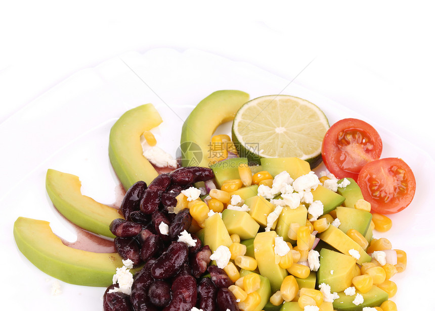 豆沙拉戒指白色绿色罐头树叶红色蔬菜玉米水果盘子图片