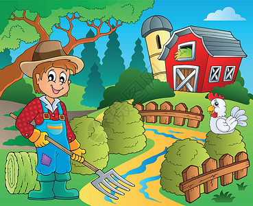 农家散养鸡红谷仓7的农场主题插画