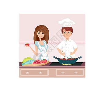 丈夫和妻子做饭做晚饭营养丈夫帽子妻子插图卡通片合作帮手工作女士设计图片