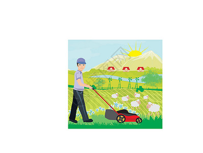羊左雍措湖说明一个男人修草坪的矢量图房子爬坡农村男性绘画卡通片家务男生胡子动物插画