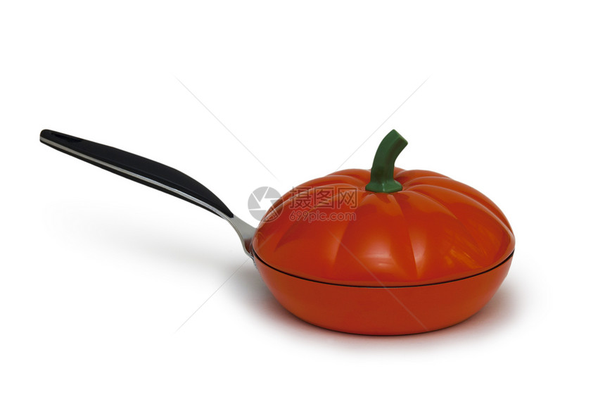 孤立的橙煎锅厨具黑色红色平底锅用具油炸圆形金属涂层图片