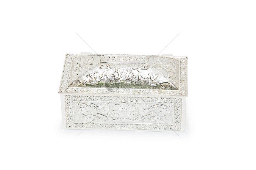 白上孤立的银首饰盒首饰金子礼物店铺盒子珠宝装饰品赏金手工雕刻图片