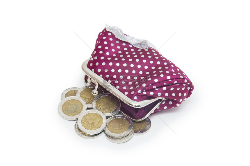 漂亮的钱包 硬币在白色背景上被孤立礼物女性购物财富衣服盒子魅力奢华图片
