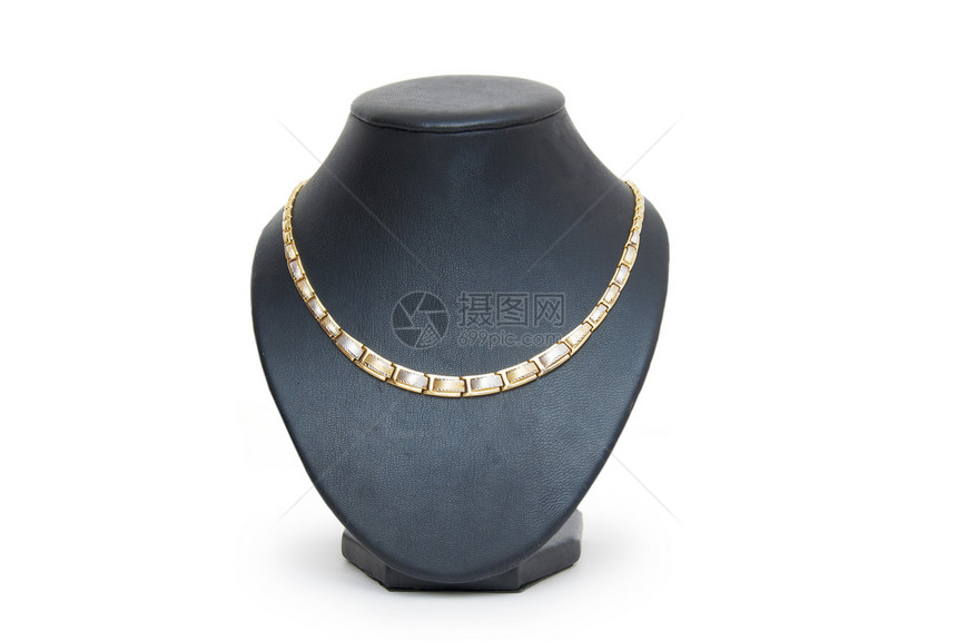 美丽的金金项链 在假人饰品上 孤立在白色宝石项链吊坠展示珠宝首饰宏观石头模型奢华图片