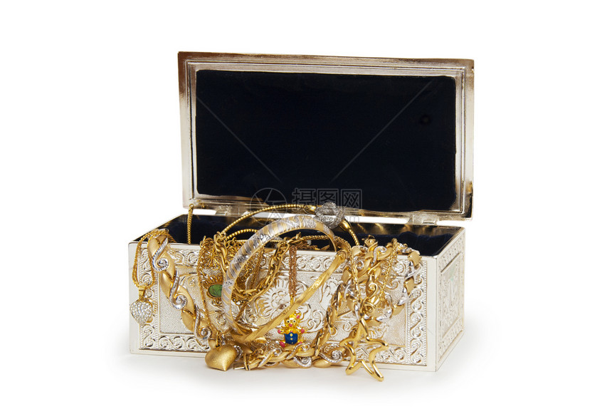 带项链的首饰盒 在白色背景上孤立盒子收藏手镯宝石宝藏奢华冒险古董礼物珠宝图片