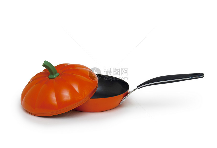 孤立的橙煎锅红色用具厨具涂层金属圆形平底锅油炸黑色图片