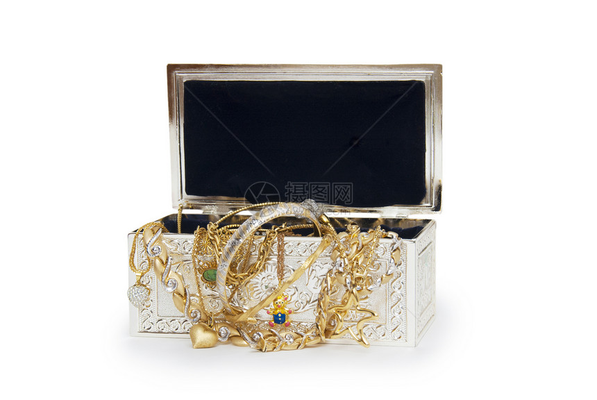 带项链的首饰盒 在白色背景上孤立珍珠盒子收藏珠宝首饰魅力冒险古董礼物财富图片