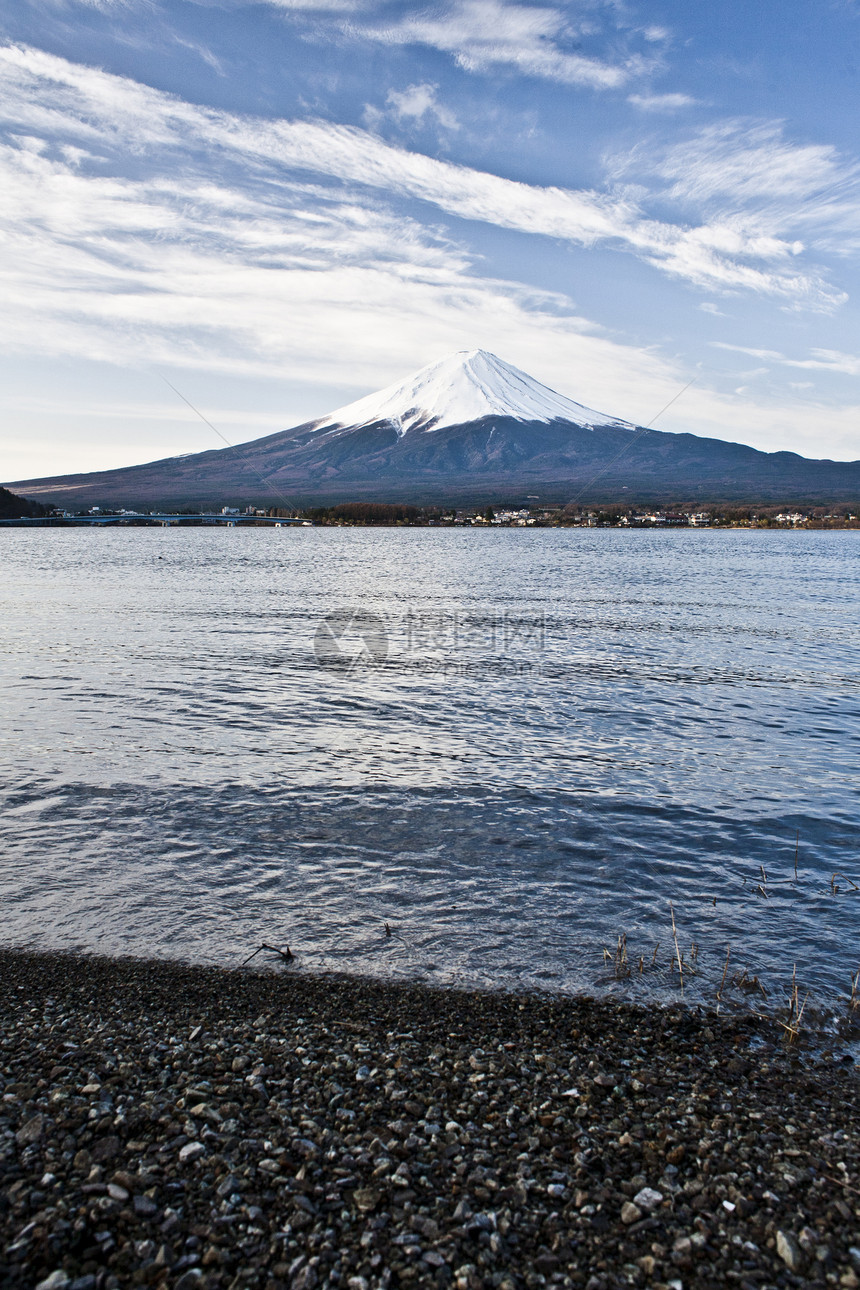 美丽的富士山与湖 雅潘公园树木字法天空分支机构旅行蓝色反射花朵公吨图片