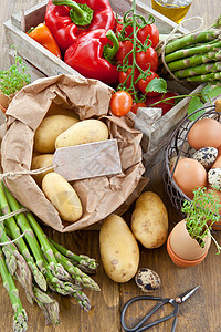 新鲜有机有机农产品蔬菜剪刀标签乡村水芹厨房鸡蛋草药纸袋篮子背景图片