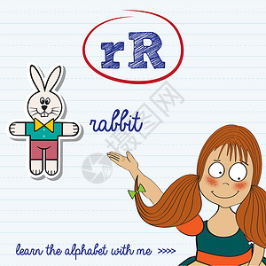 坐着兔子女孩字母 r 的字母文字工作表设计图片