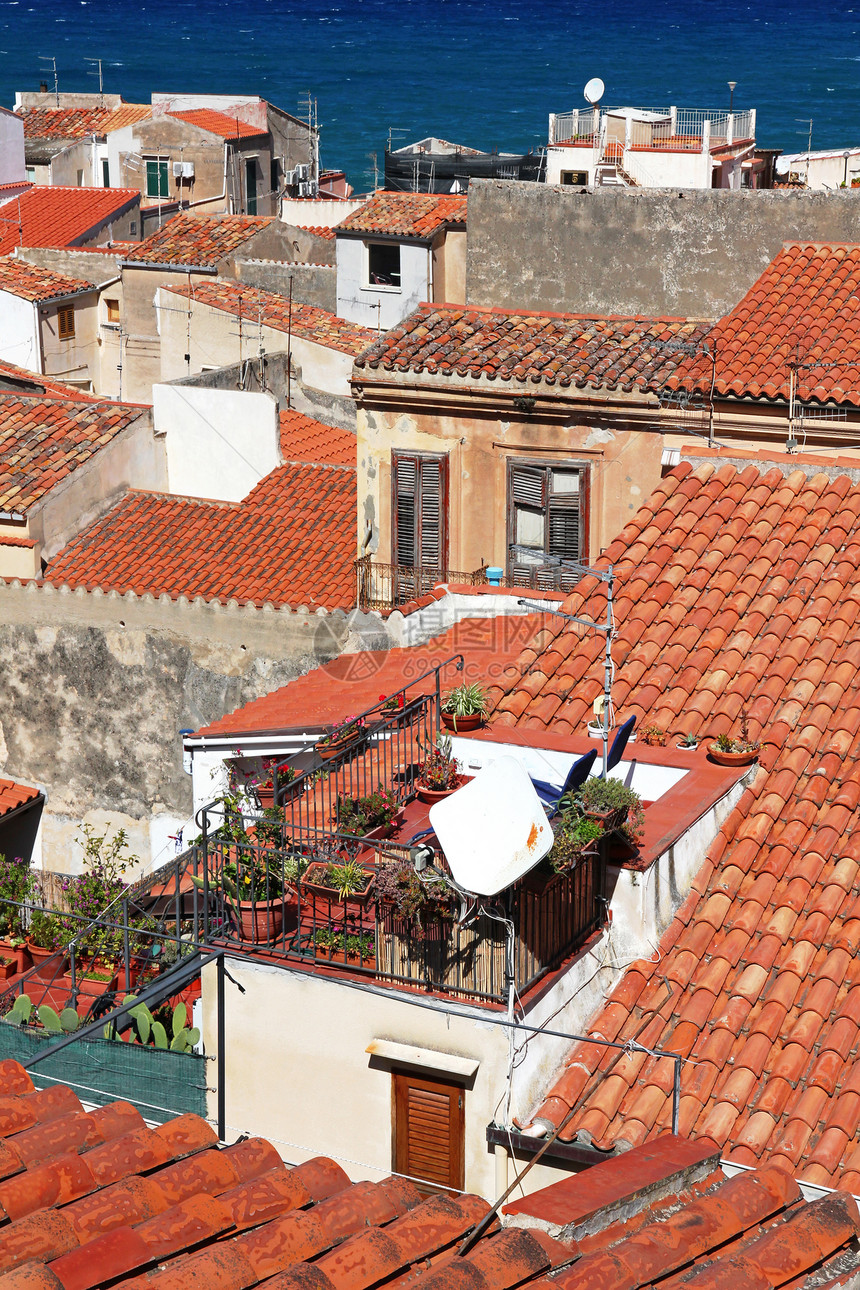 意大利 西西里岛 切法卢 屋顶旅游房子天线历史性海洋场景村庄城市假期蓝色图片