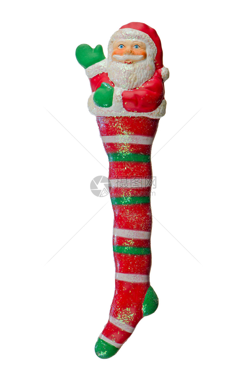 圣诞老人的白丝袜和红丝袜库存装饰品展示红色松树风格装饰传统塑料礼物图片