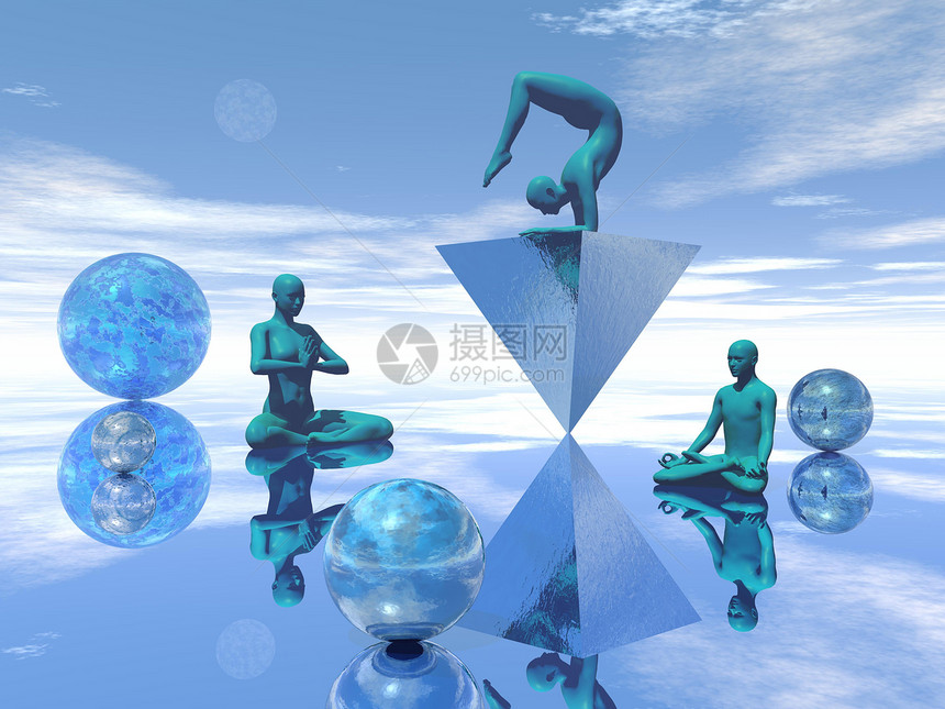 蓝默思  3D冥想佛教徒蓝色数字天空镜子反射风景宗教灵魂图片