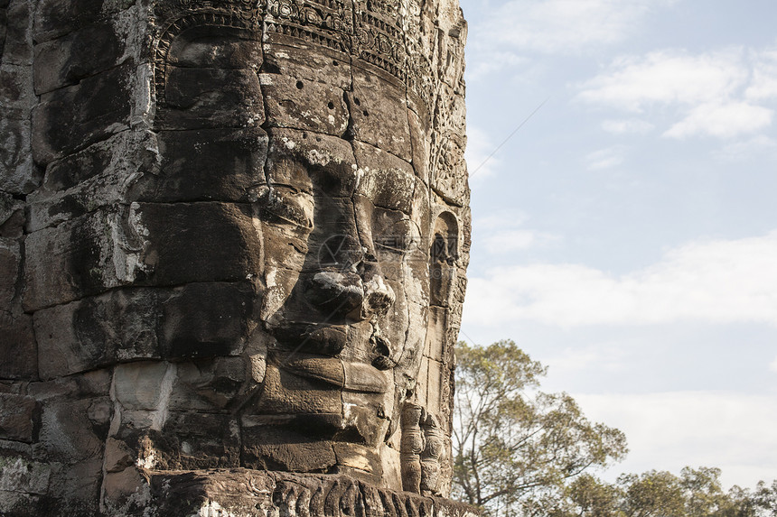 Bayon面对吴哥汤姆 柬埔寨暹粒岩石雕像雕刻寺庙石头信仰宗教收获建筑学高棉语图片