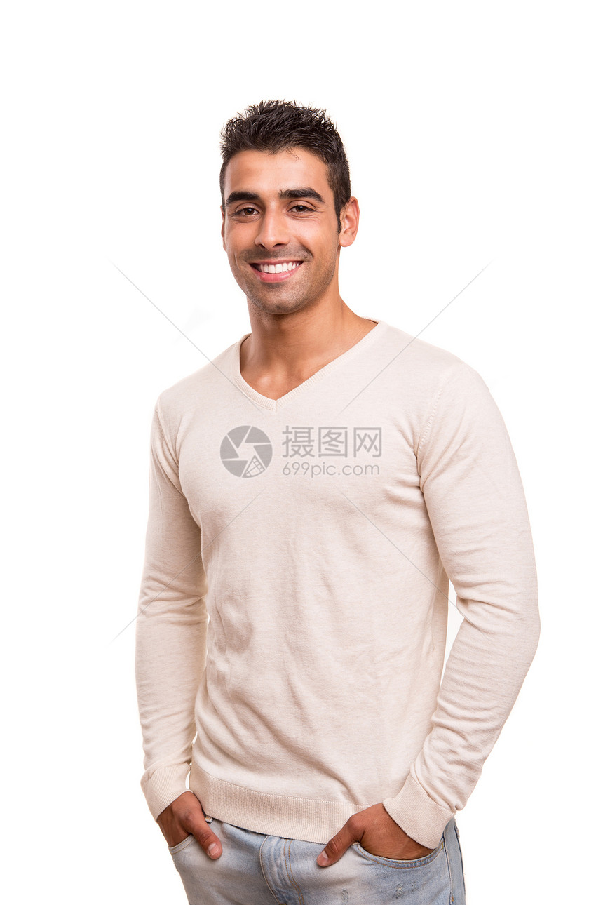 一个微笑的年轻人的肖像男生幸福乐趣拉丁牙裔男性人脸工作室白色男人图片