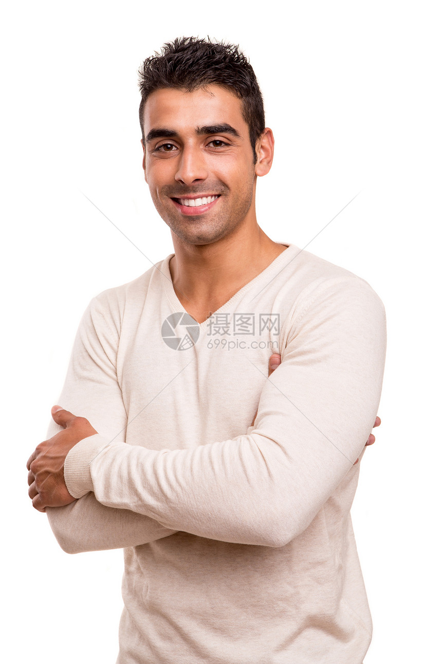 一个微笑的年轻人的肖像男人快乐幸福黑发人脸工作室白色喜悦拉丁乐趣图片